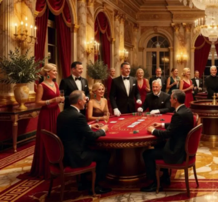 Λαμπερό casino event με τραπέζια ρουλέτας και καλεσμένους σε βραδινή ατμόσφαιρα
