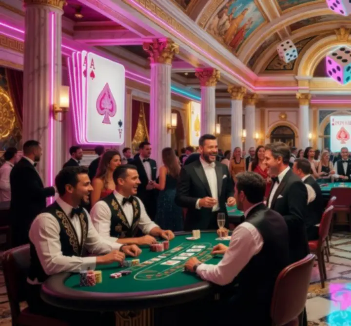Las Vegas themed night με φώτα νέον και τραπέζια καζίνο